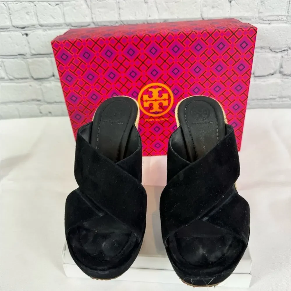 #TORY BURCH Bailey 110mm Wedge Mules Suede Black Size 7.5